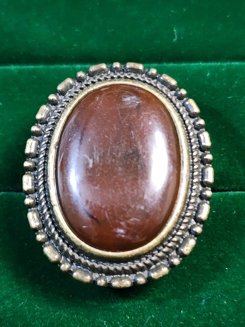 Vintage Brown Oval Cabochon Ring with Gold-Tone Frame Size 6.5